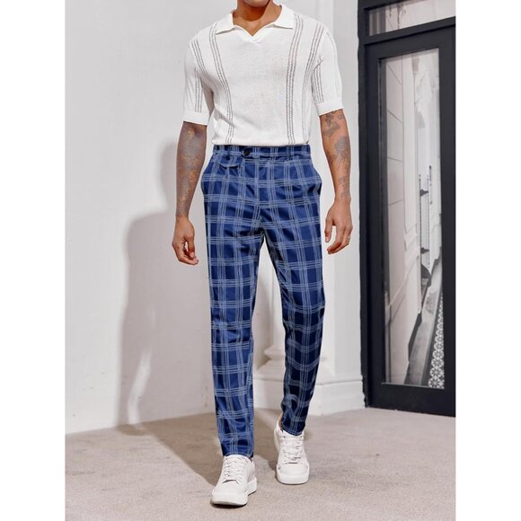 🆕 Men Blue Slim Fit Pants Flat Front Stretch Skinny Tapered Casual Trousers - Picture 4 of 6